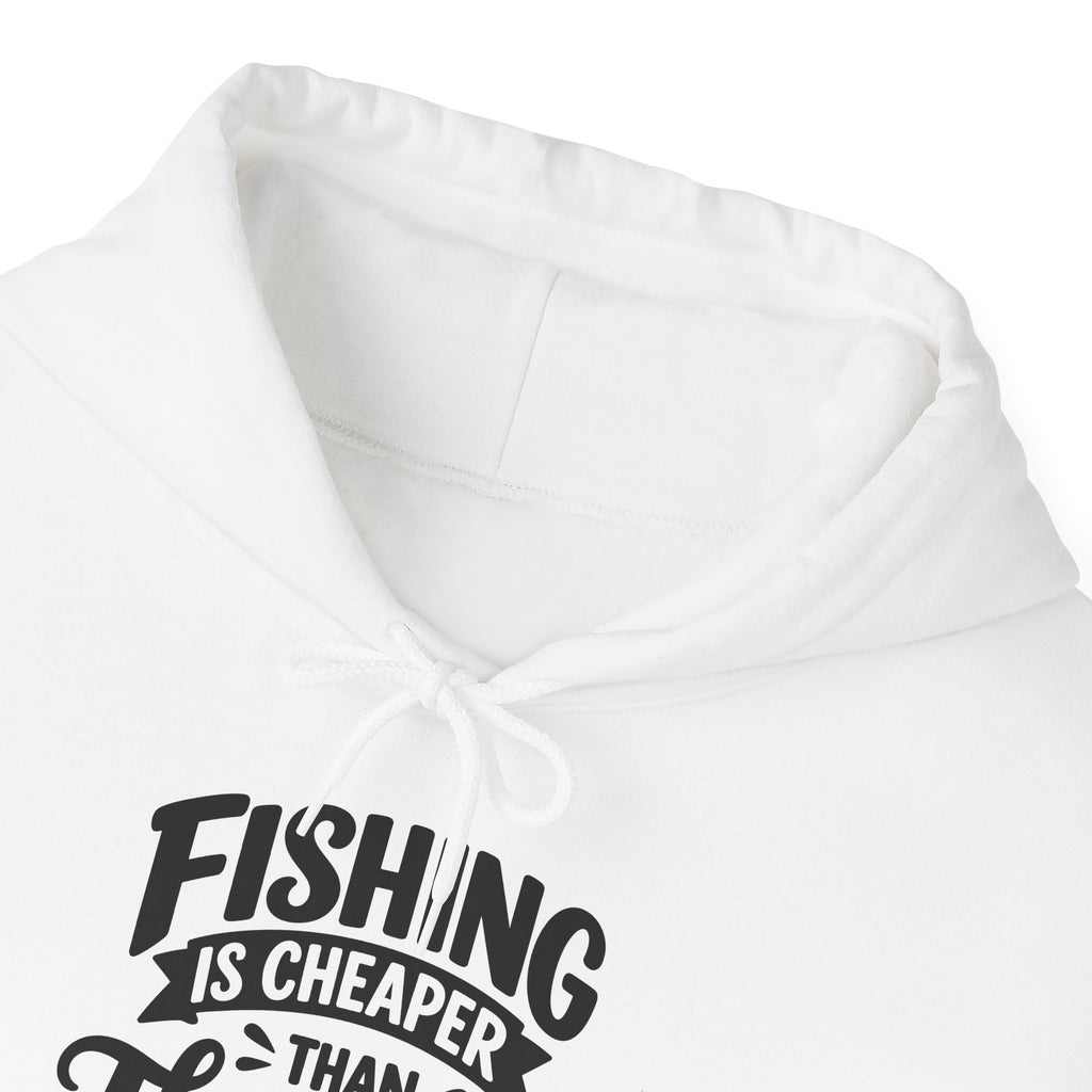 White Fishing Is Cheaper Than Therapy Hoodie, front collar close-up