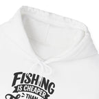 White Fishing Is Cheaper Than Therapy Hoodie, front collar close-up