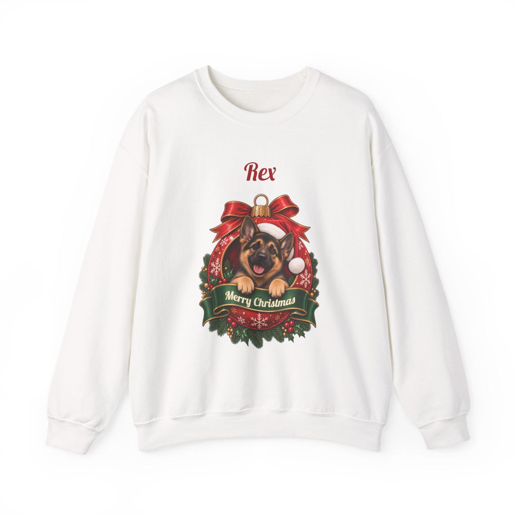White Personalized German Shepherd Christmas Sweatshirt with a German Shepherd in a Christmas ornament and a custom name, front view