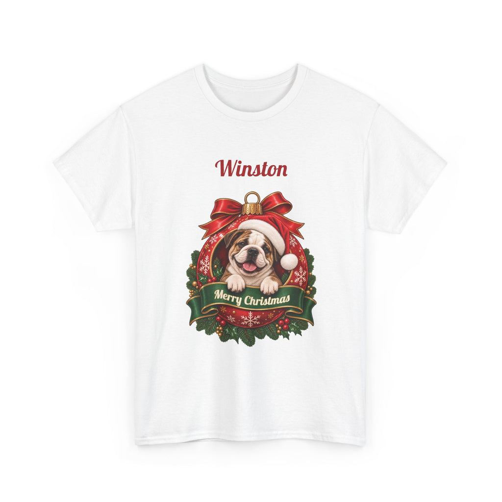White Personalized English Bulldog Christmas T-Shirt with an English Bulldog in a Christmas ornament and a custom name, front view