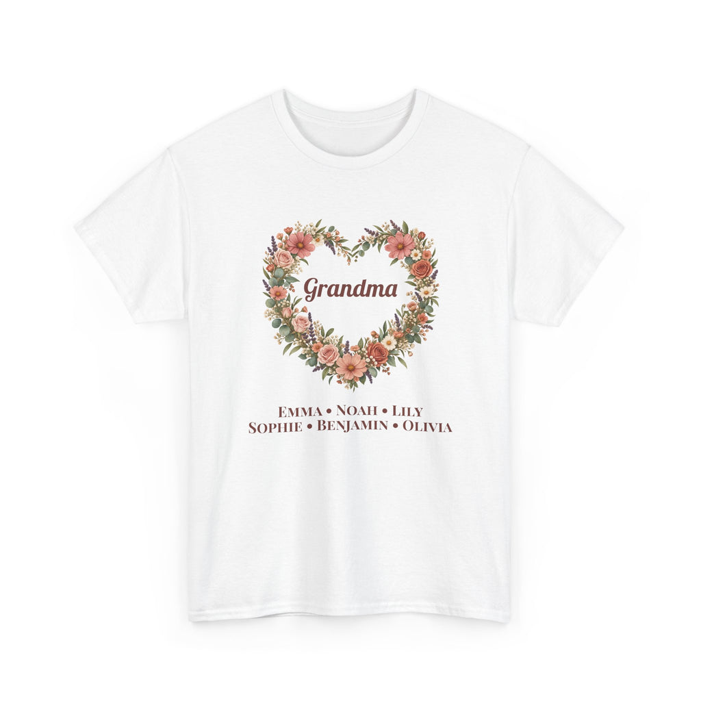 White Personalized Grandma T-Shirt With Grandkids Names, a wildflower heart with Grandma and the grandkids' names, front view