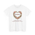 White Personalized Grandma T-Shirt With Grandkids Names, a wildflower heart with Grandma and the grandkids' names, front view