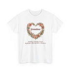 White Personalized Grandma T-Shirt With Grandkids Names, a wildflower heart with Grandma and the grandkids' names, front view