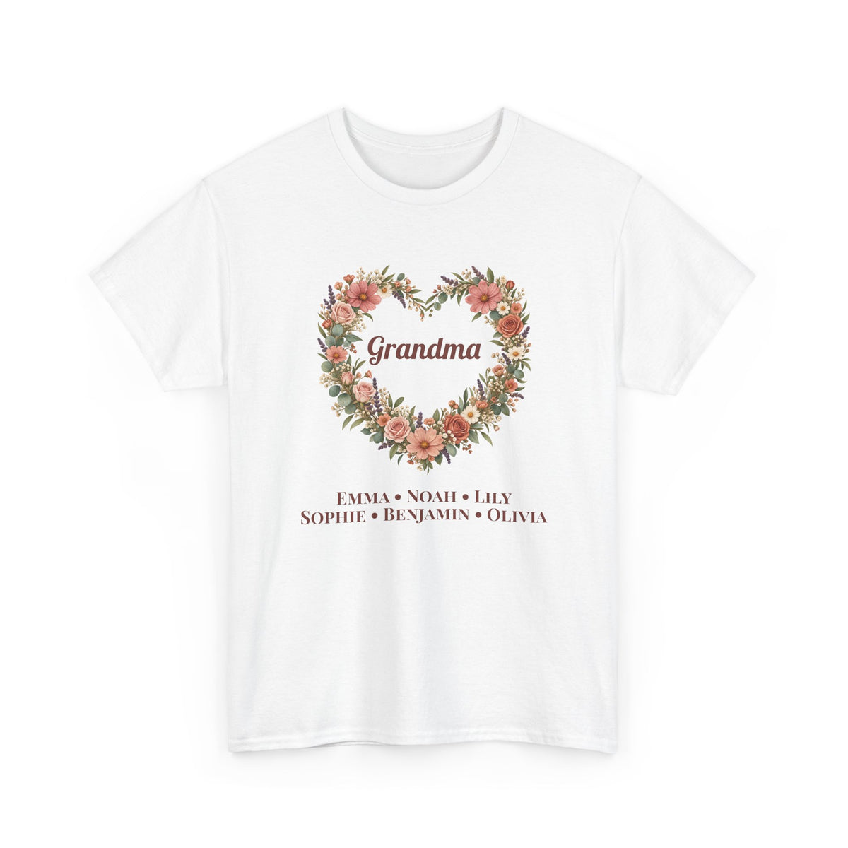 White Personalized Grandma T-Shirt With Grandkids Names, a wildflower heart with Grandma and the grandkids' names, front view