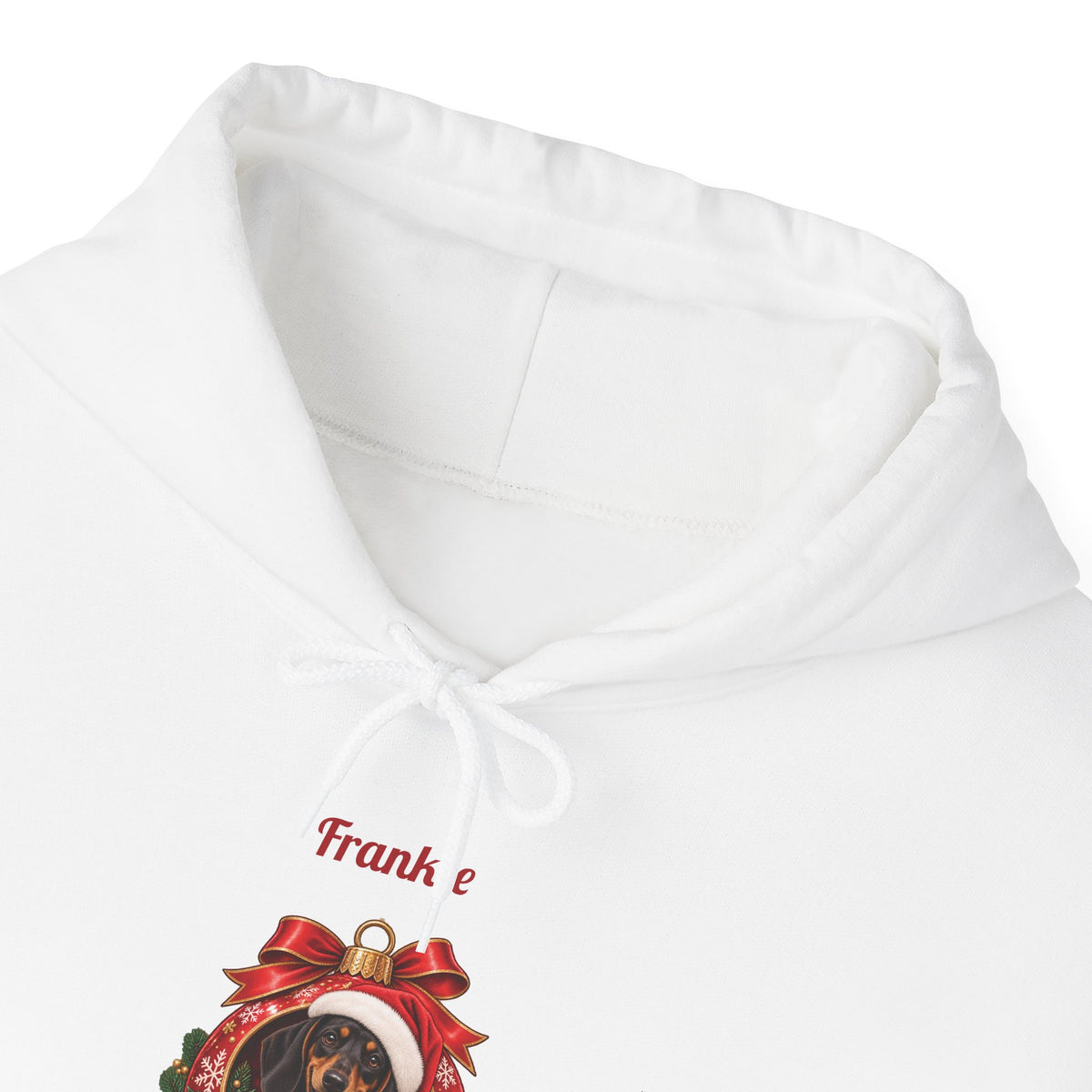 Personalized Dachshund Christmas Hoodie, front collar close-up