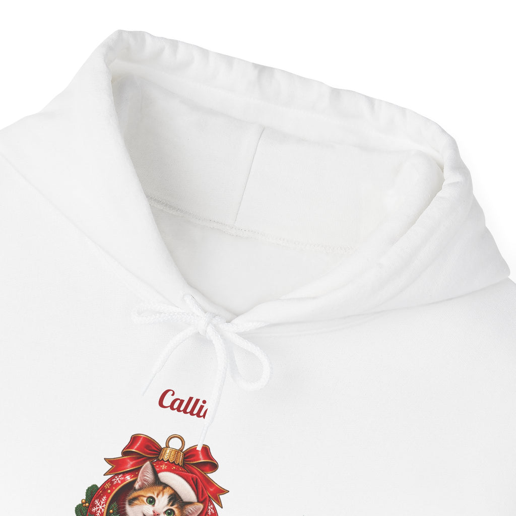 White Personalized Calico Cat Christmas Hoodie, close-up of the print