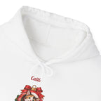 White Personalized Calico Cat Christmas Hoodie, close-up of the print