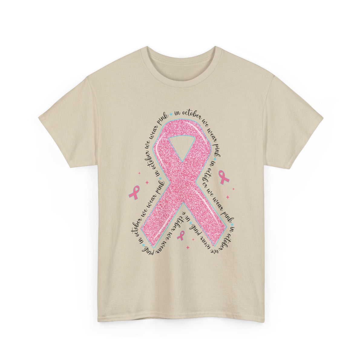 Sand In October We Wear Pink ribbon t-shirt with glitter pink ribbon, front view