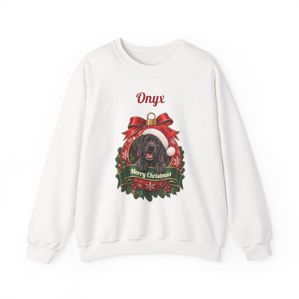 White Personalized Black Great Dane Christmas Sweatshirt with a black Great Dane in a Christmas ornament and a custom name, front view
