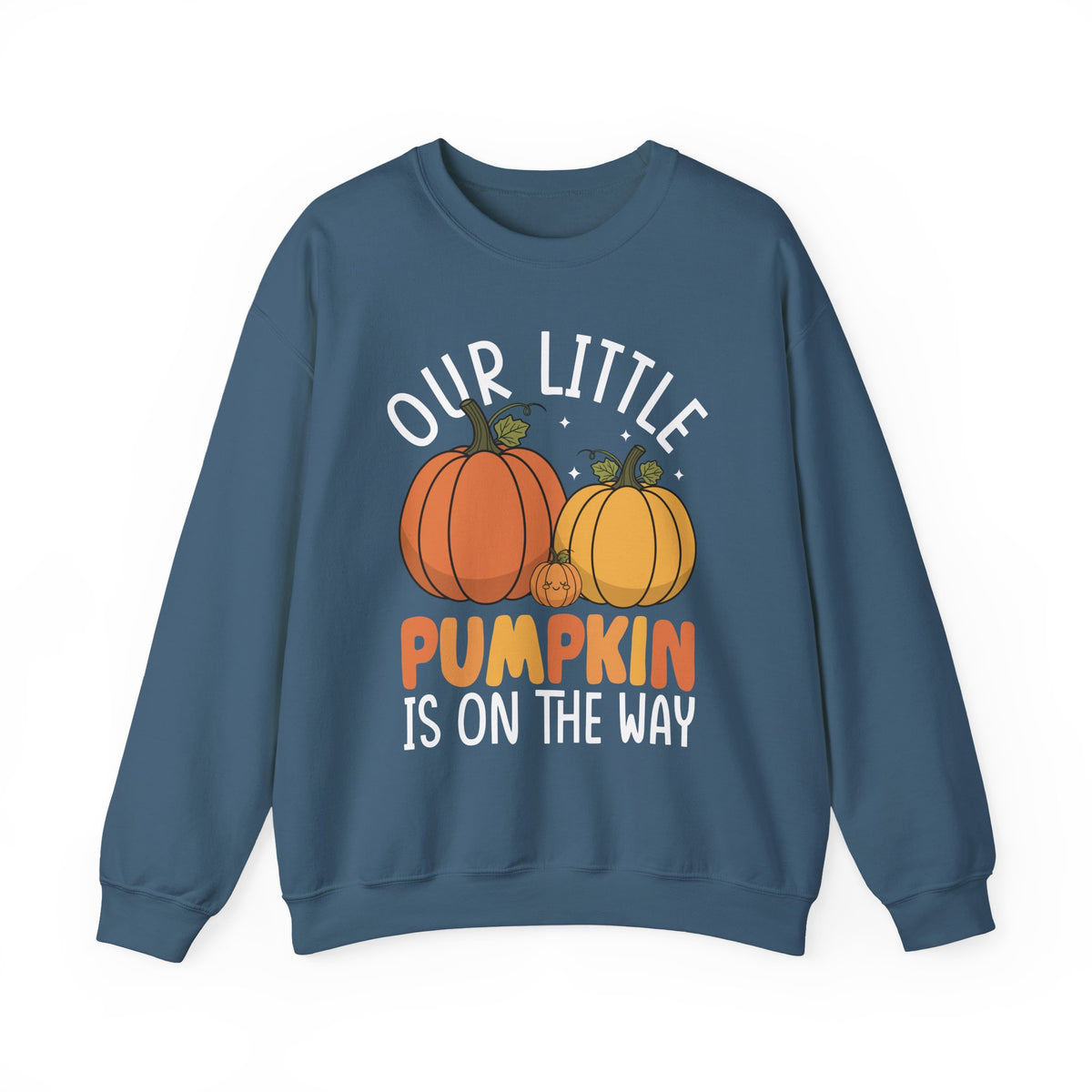 Indigo Blue Our Little Pumpkin Is On The Way pregnancy sweatshirt, front view
