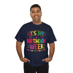 Model wearing the It's My Birthday Week Rainbow T-Shirt