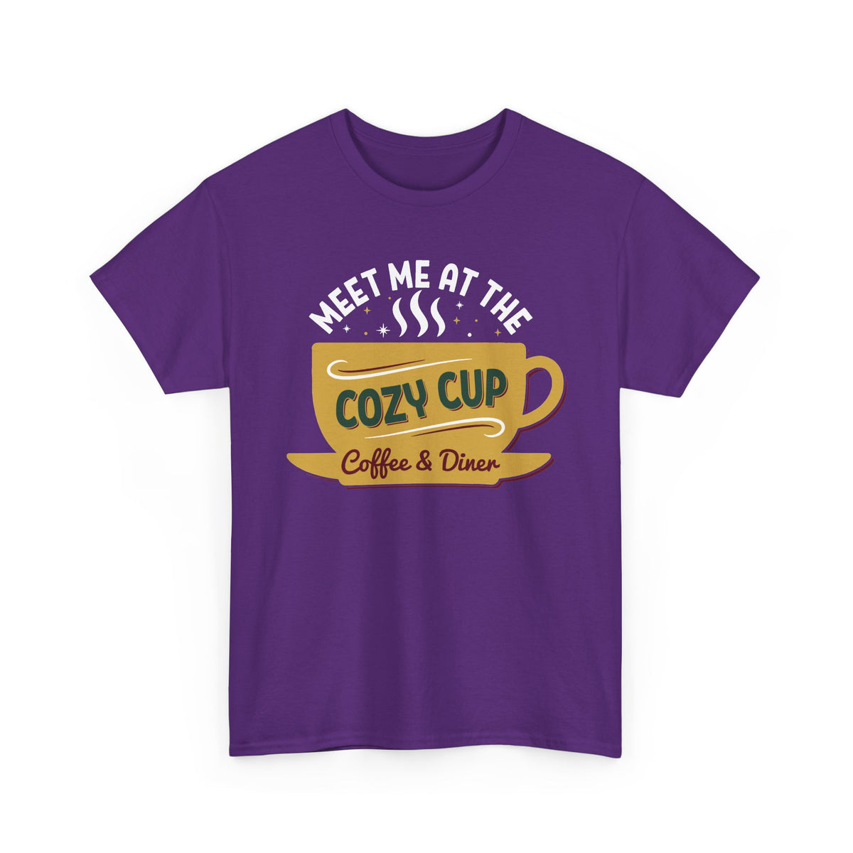 Purple Meet Me At The Cozy Cup t-shirt with a steaming golden coffee cup and retro diner lettering, front view
