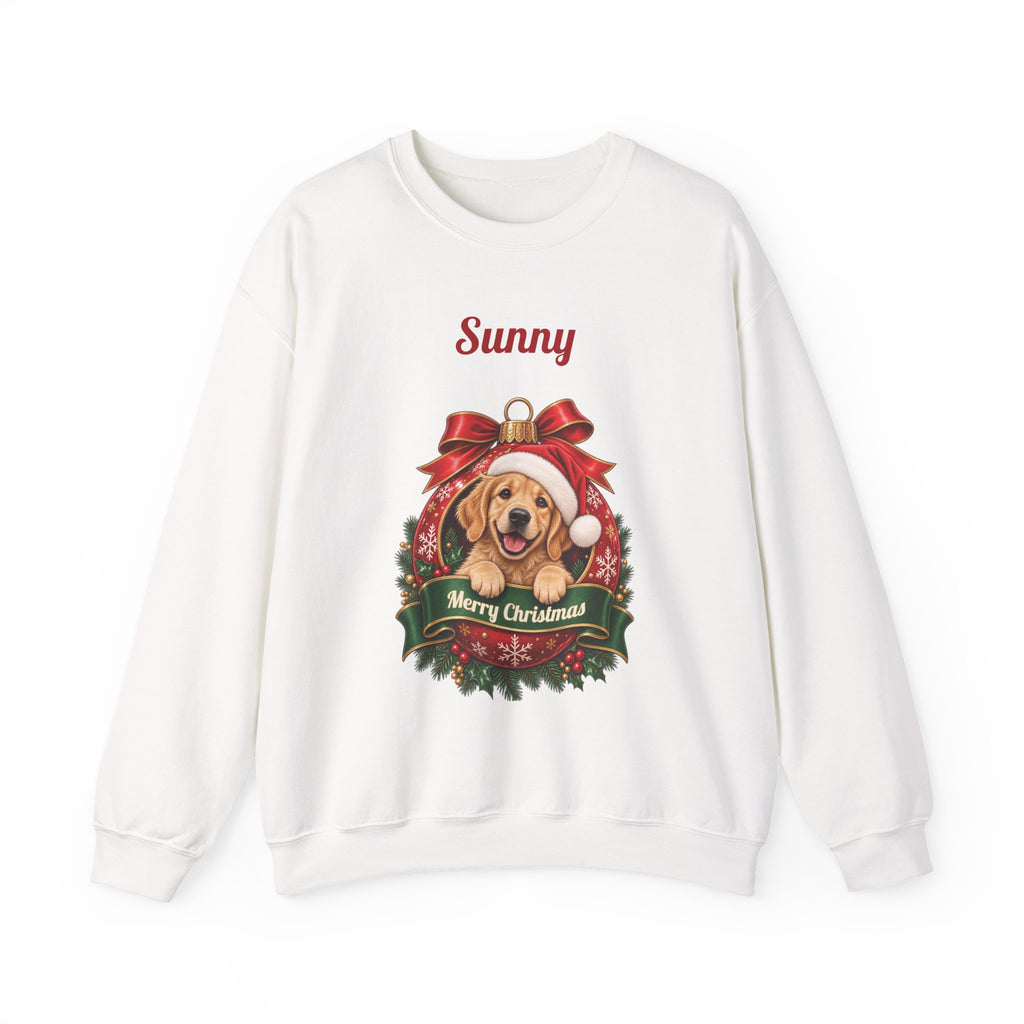 White Personalized Golden Retriever Christmas Sweatshirt with a golden retriever in a Christmas ornament and a custom name, front view