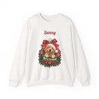 White Personalized Golden Retriever Christmas Sweatshirt with a golden retriever in a Christmas ornament and a custom name, front view