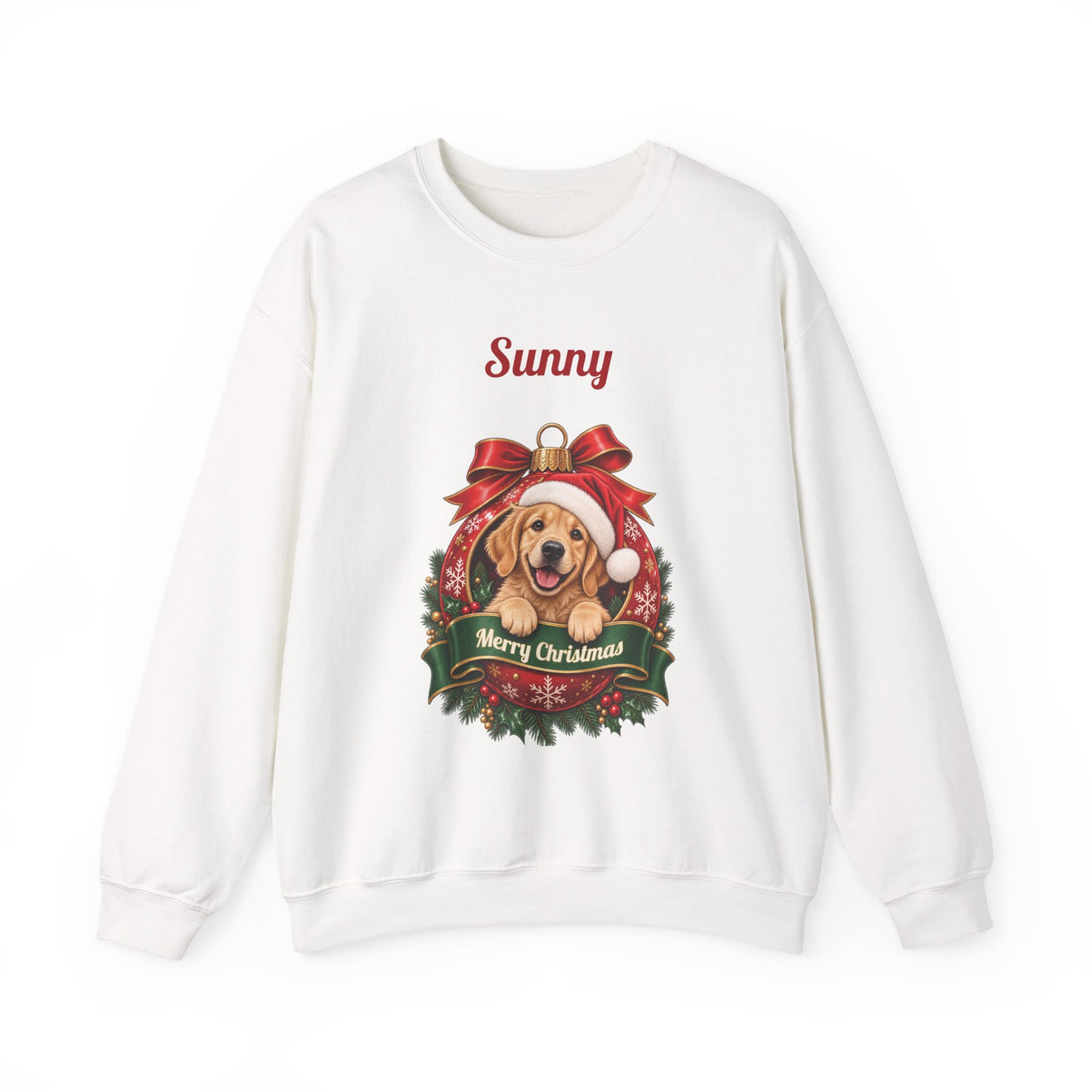 White Personalized Golden Retriever Christmas Sweatshirt with a golden retriever in a Christmas ornament and a custom name, front view
