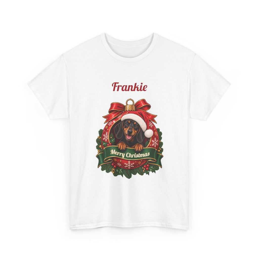 White Personalized Dachshund Christmas T-Shirt with a dachshund in a Christmas ornament and a custom name, front view