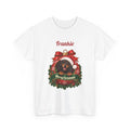 White Personalized Dachshund Christmas T-Shirt with a dachshund in a Christmas ornament and a custom name, front view