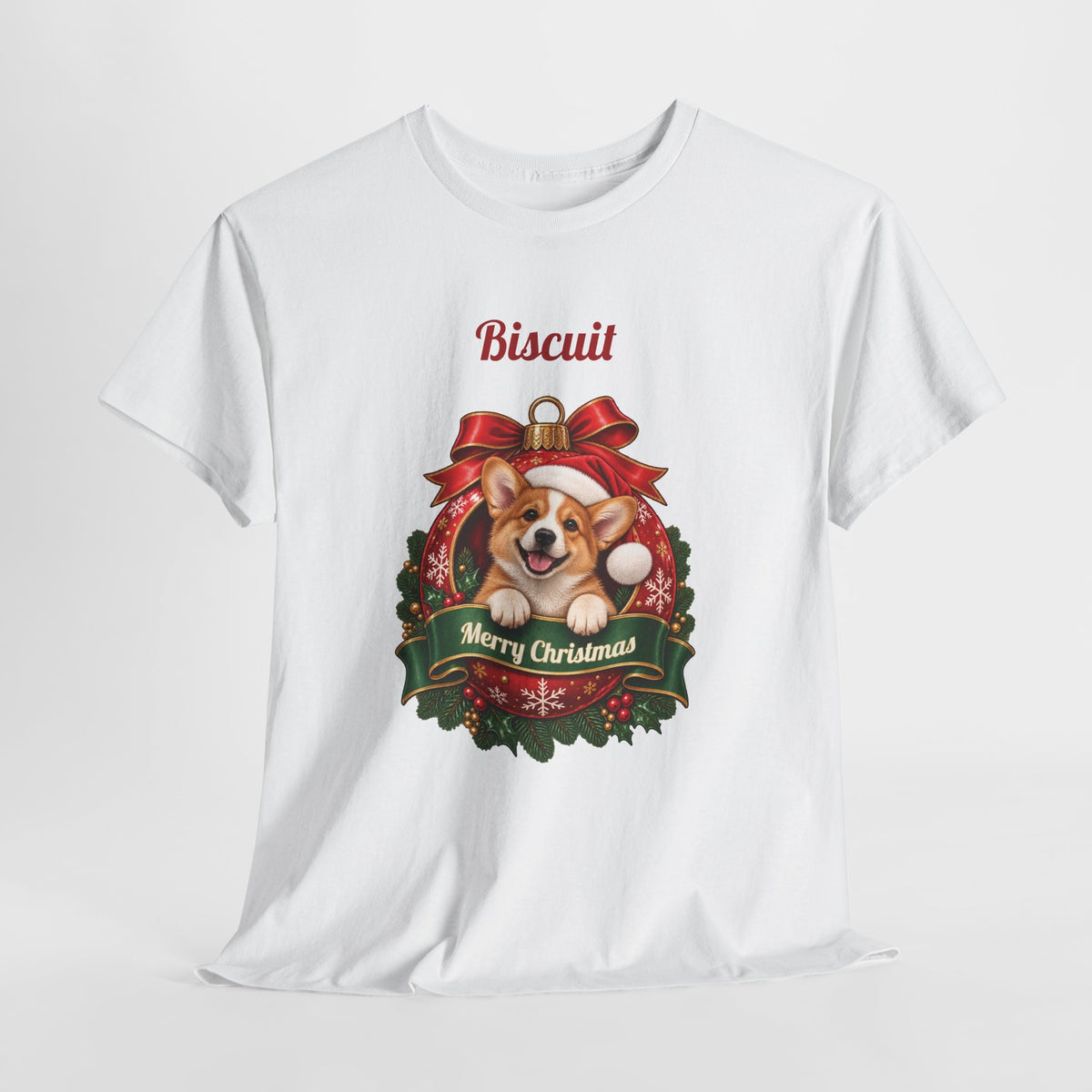 Personalized Corgi Christmas T-Shirt, hanging on a hanger
