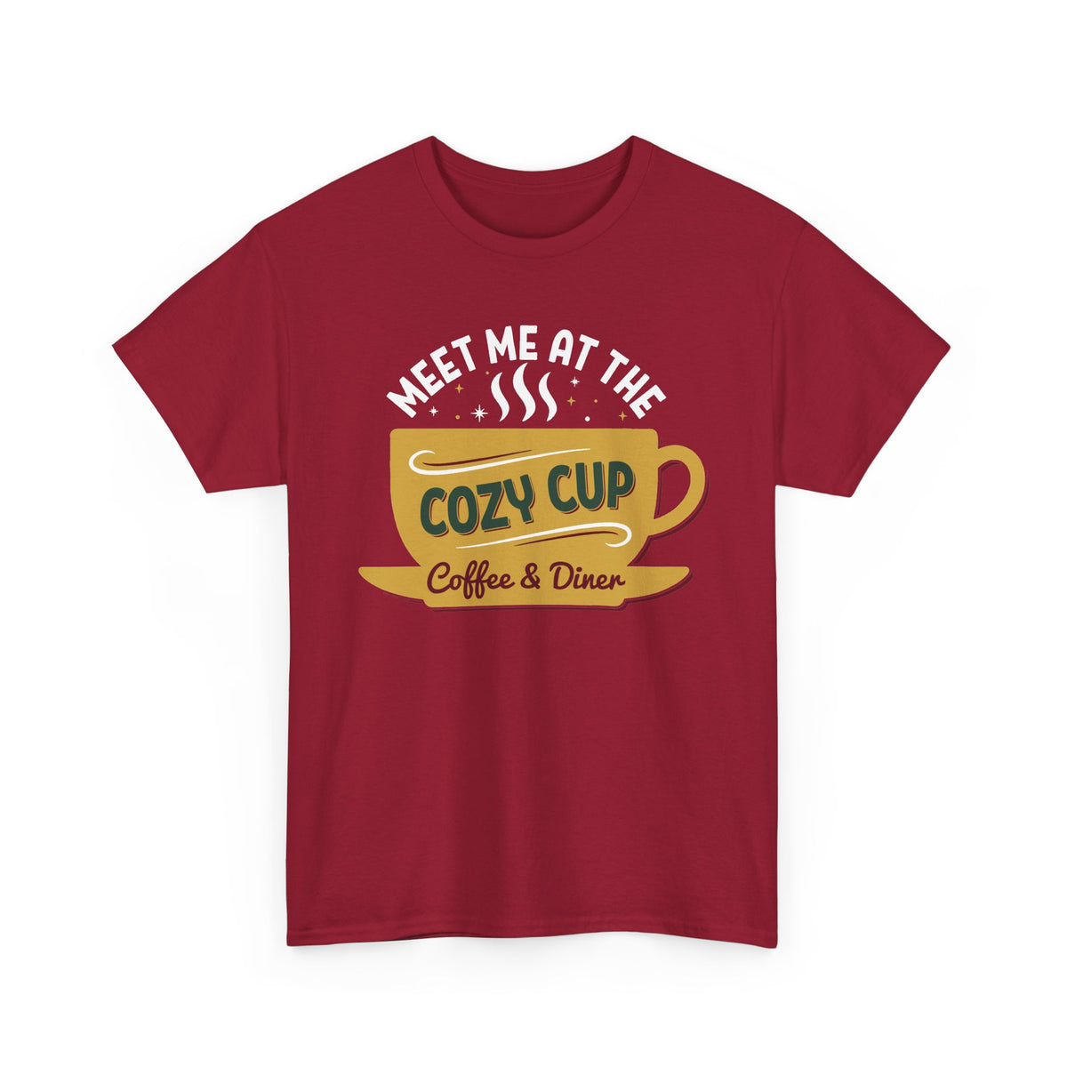 Cardinal Red Meet Me At The Cozy Cup t-shirt with a steaming golden coffee cup and retro diner lettering, front view