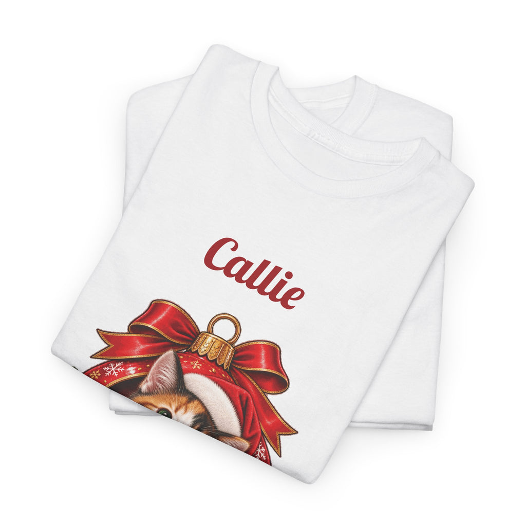 White Personalized Calico Cat Christmas T-Shirt, folded
