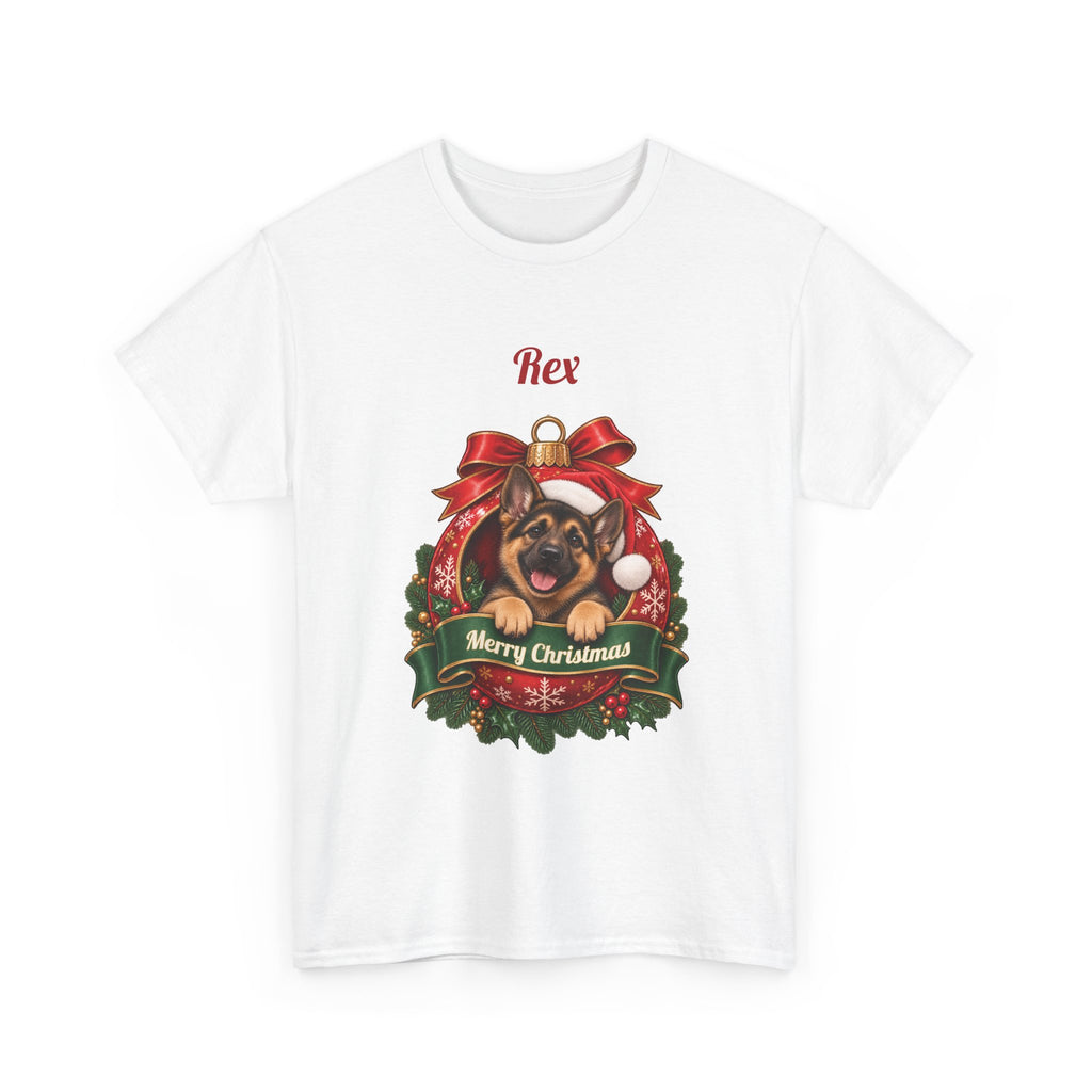 White Personalized German Shepherd Christmas T-Shirt with a German Shepherd in a Christmas ornament and a custom name, front view