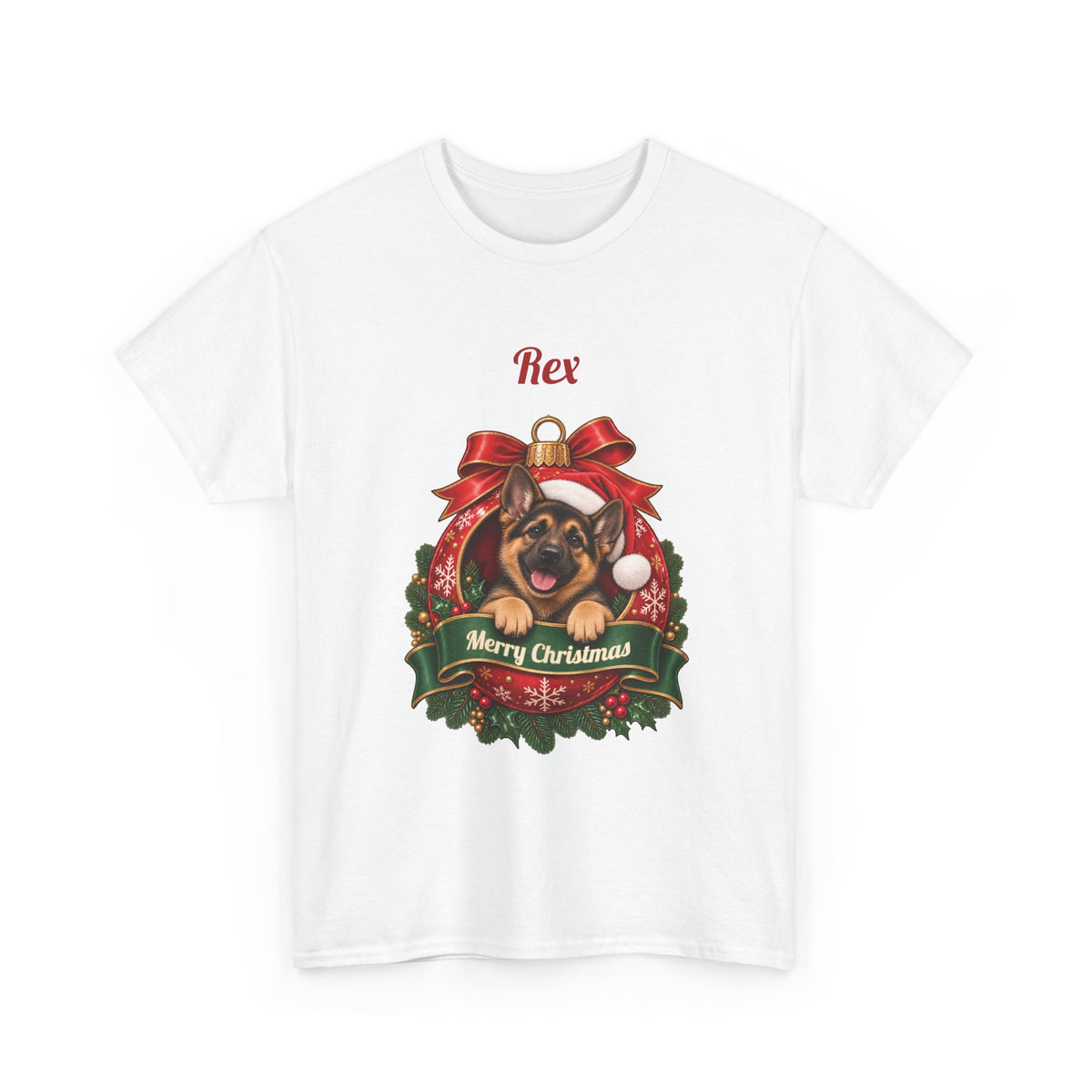 White Personalized German Shepherd Christmas T-Shirt with a German Shepherd in a Christmas ornament and a custom name, front view