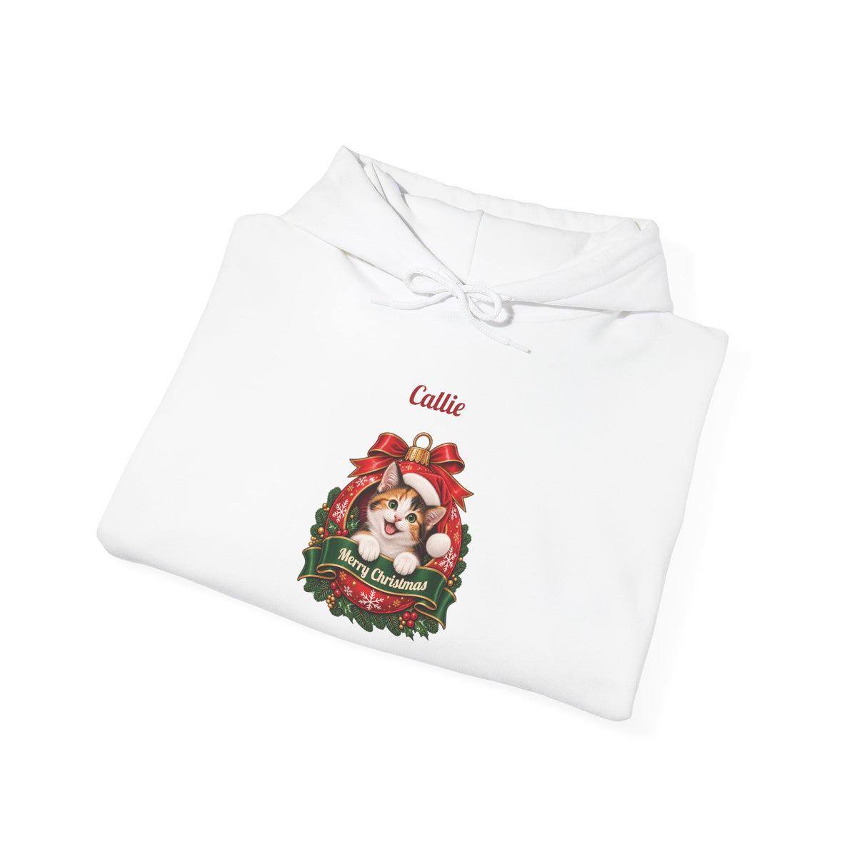 White Personalized Calico Cat Christmas Hoodie, folded