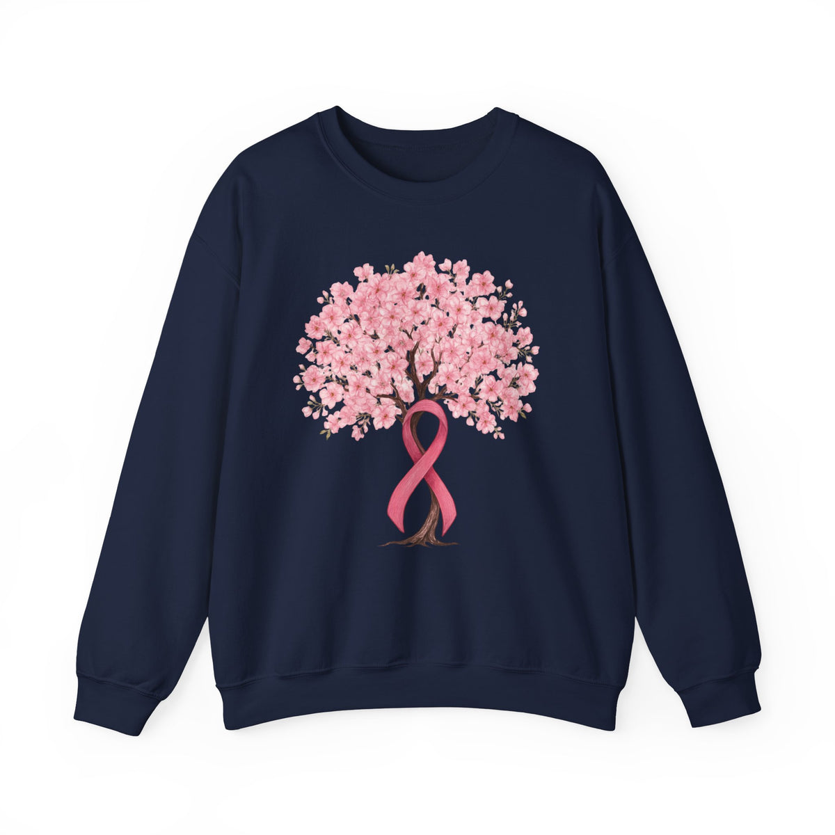 Navy cherry blossom tree sweatshirt with pink ribbon trunk, front view