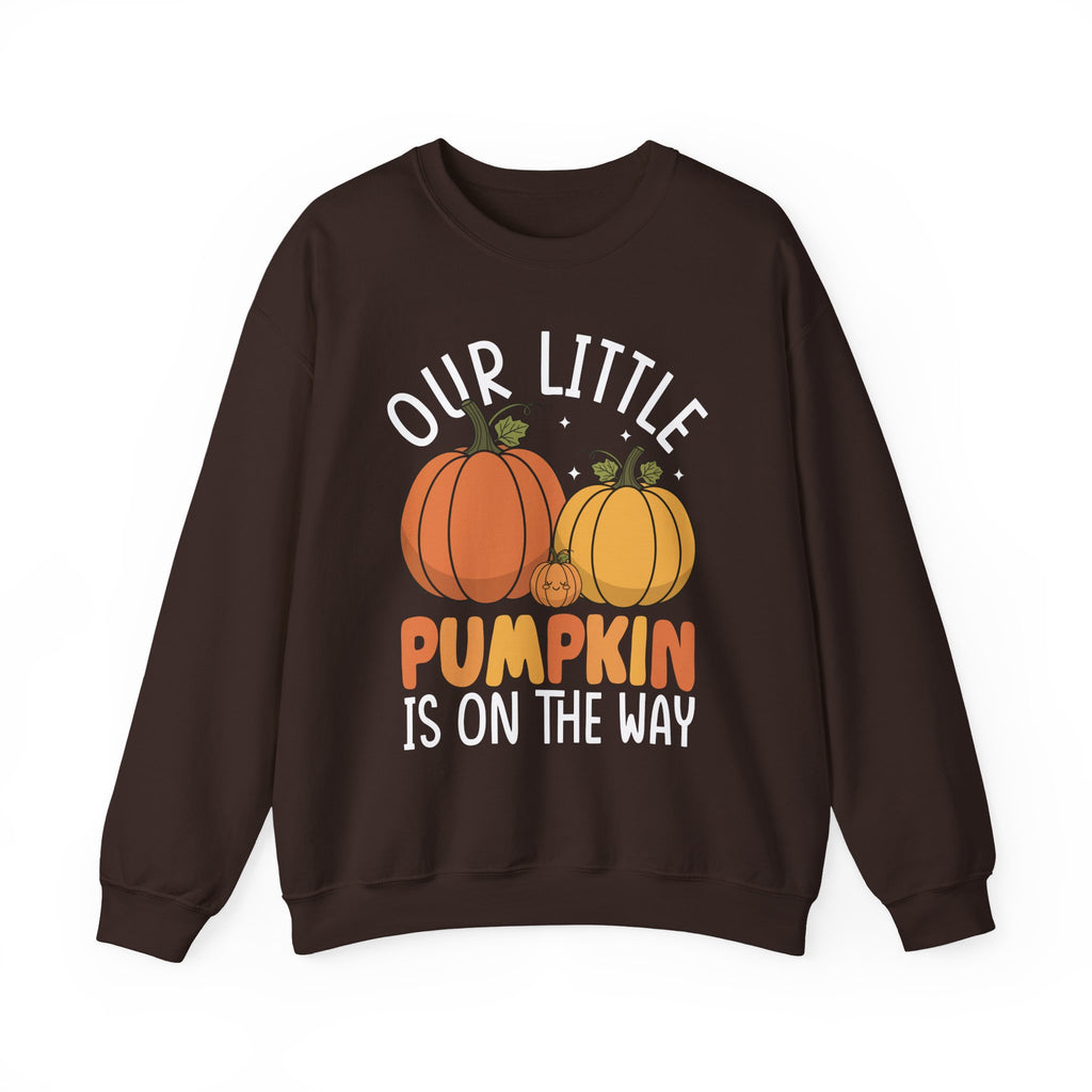 Dark Chocolate Our Little Pumpkin Is On The Way pregnancy sweatshirt, front view