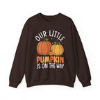 Dark Chocolate Our Little Pumpkin Is On The Way pregnancy sweatshirt, front view
