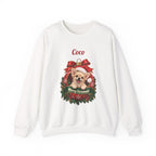 White Personalized Chihuahua Christmas Sweatshirt with a Chihuahua in a Christmas ornament and a custom name, front view