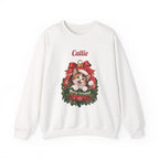 White Personalized Calico Cat Christmas Sweatshirt with a calico cat in a Christmas ornament and a custom name, front view