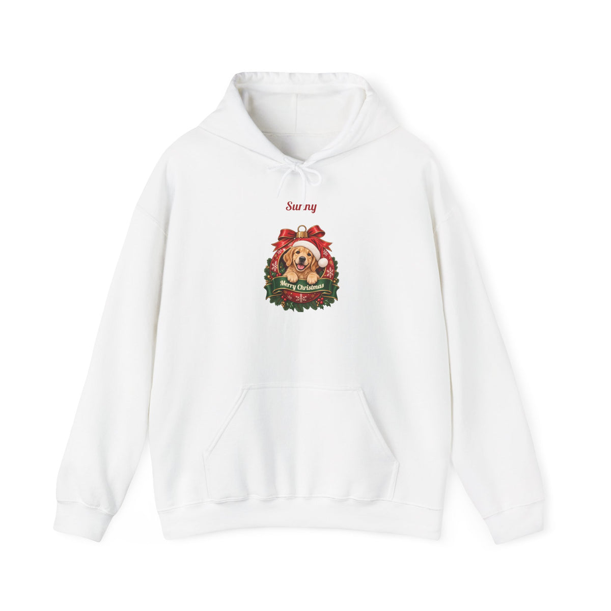 White Personalized Golden Retriever Christmas Hoodie with a golden retriever in a Christmas ornament and a custom name, front view
