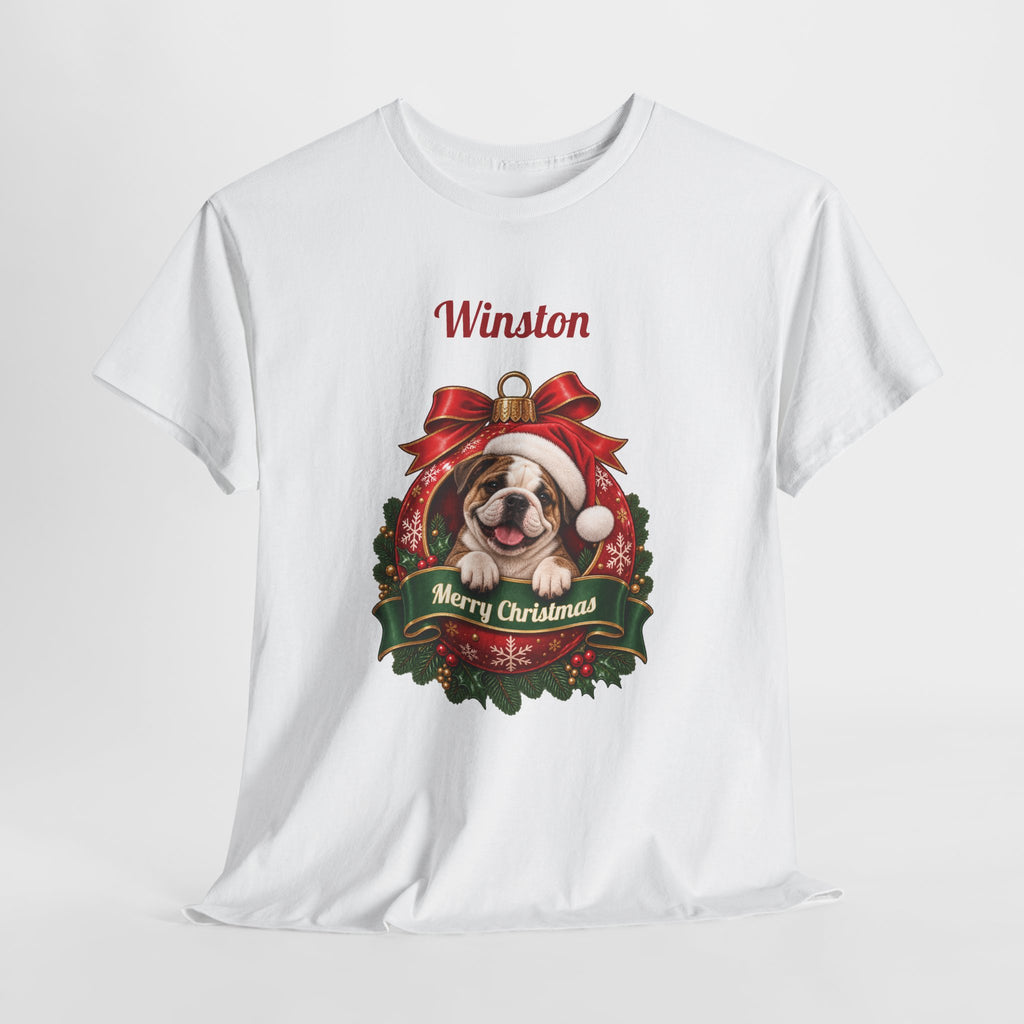 Personalized English Bulldog Christmas T-Shirt, hanging on a hanger