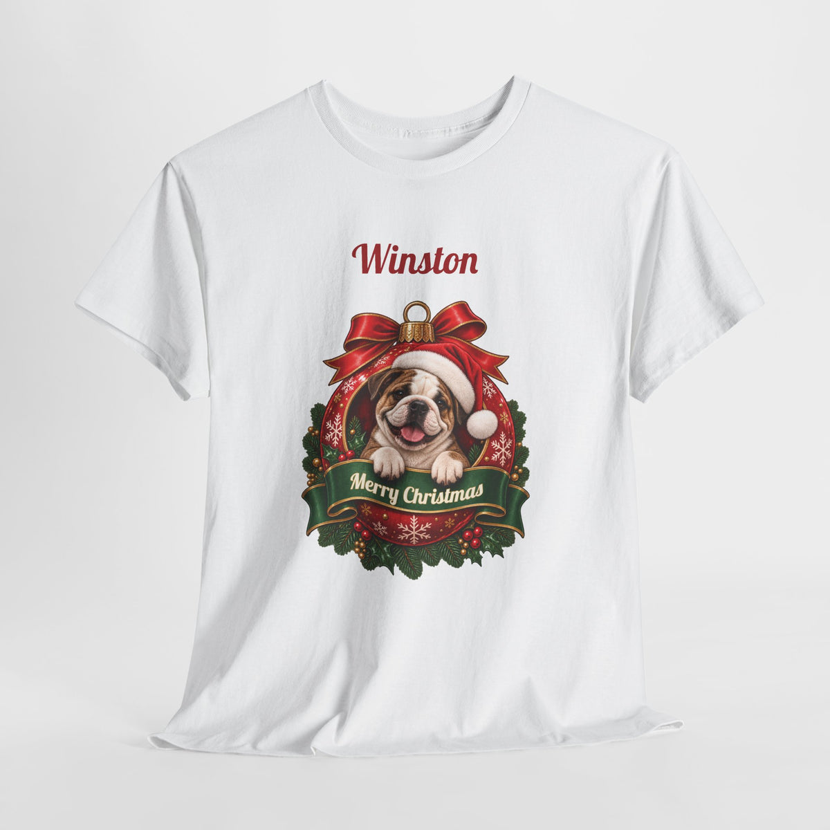 Personalized English Bulldog Christmas T-Shirt, hanging on a hanger