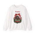 White Personalized Dachshund Christmas Sweatshirt with a dachshund in a Christmas ornament and a custom name, front view