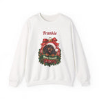 White Personalized Dachshund Christmas Sweatshirt with a dachshund in a Christmas ornament and a custom name, front view