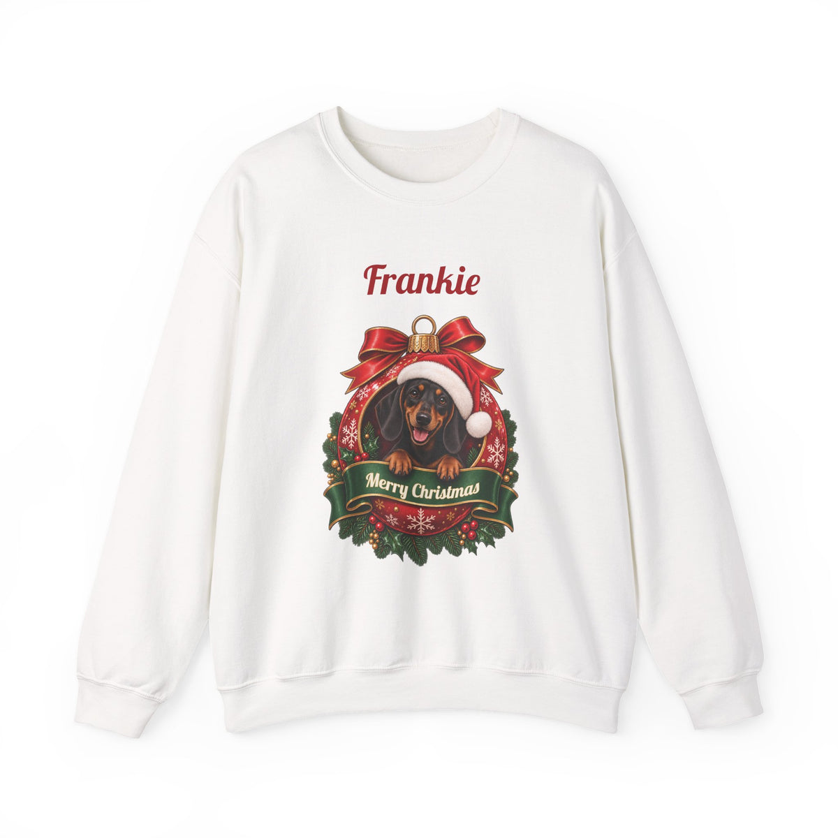 White Personalized Dachshund Christmas Sweatshirt with a dachshund in a Christmas ornament and a custom name, front view