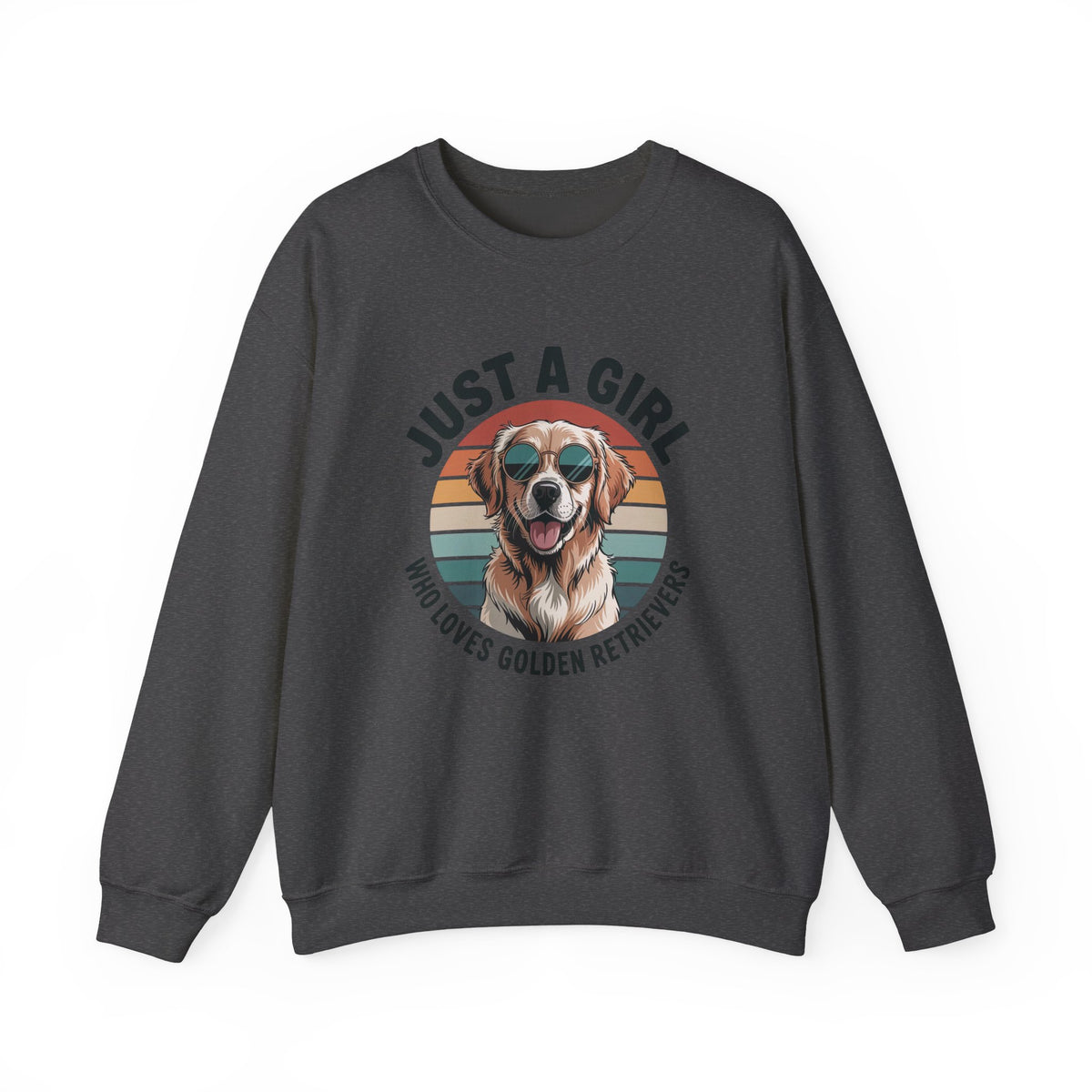 Dark Heather Just a Girl Who Loves Golden Retrievers retro sunset sweatshirt, front view