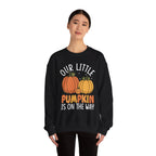 Model wearing the Our Little Pumpkin Is On The Way Sweatshirt
