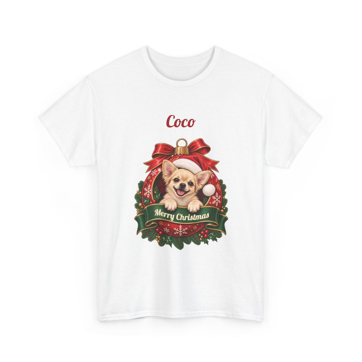 White Personalized Chihuahua Christmas T-Shirt with a Chihuahua in a Christmas ornament and a custom name, front view