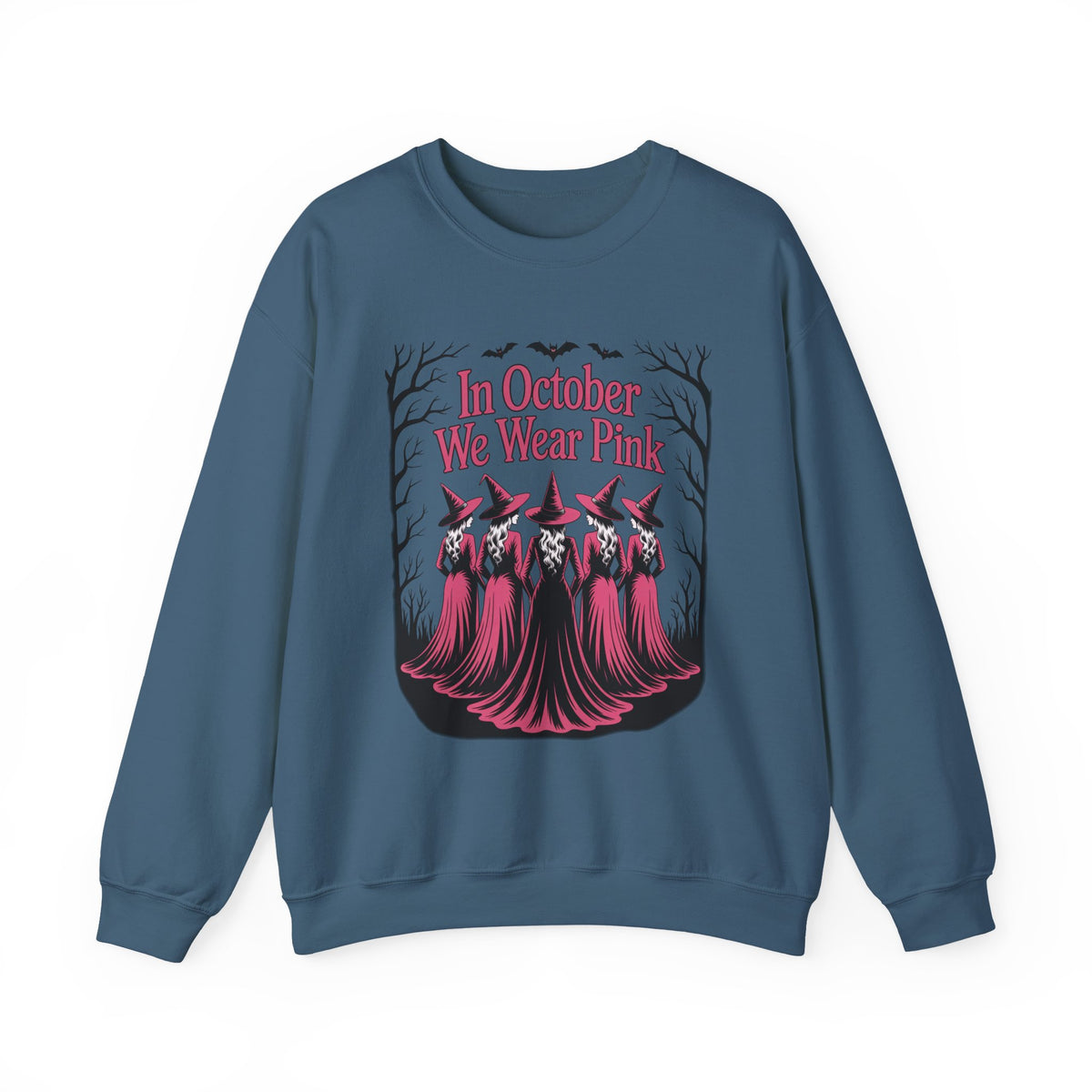 Indigo Blue In October We Wear Pink sweatshirt with five witches in pink gowns, front view