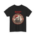 Black Bear Boop Ugly Christmas t-shirt with Santa bear in a knitted sweater badge, front view