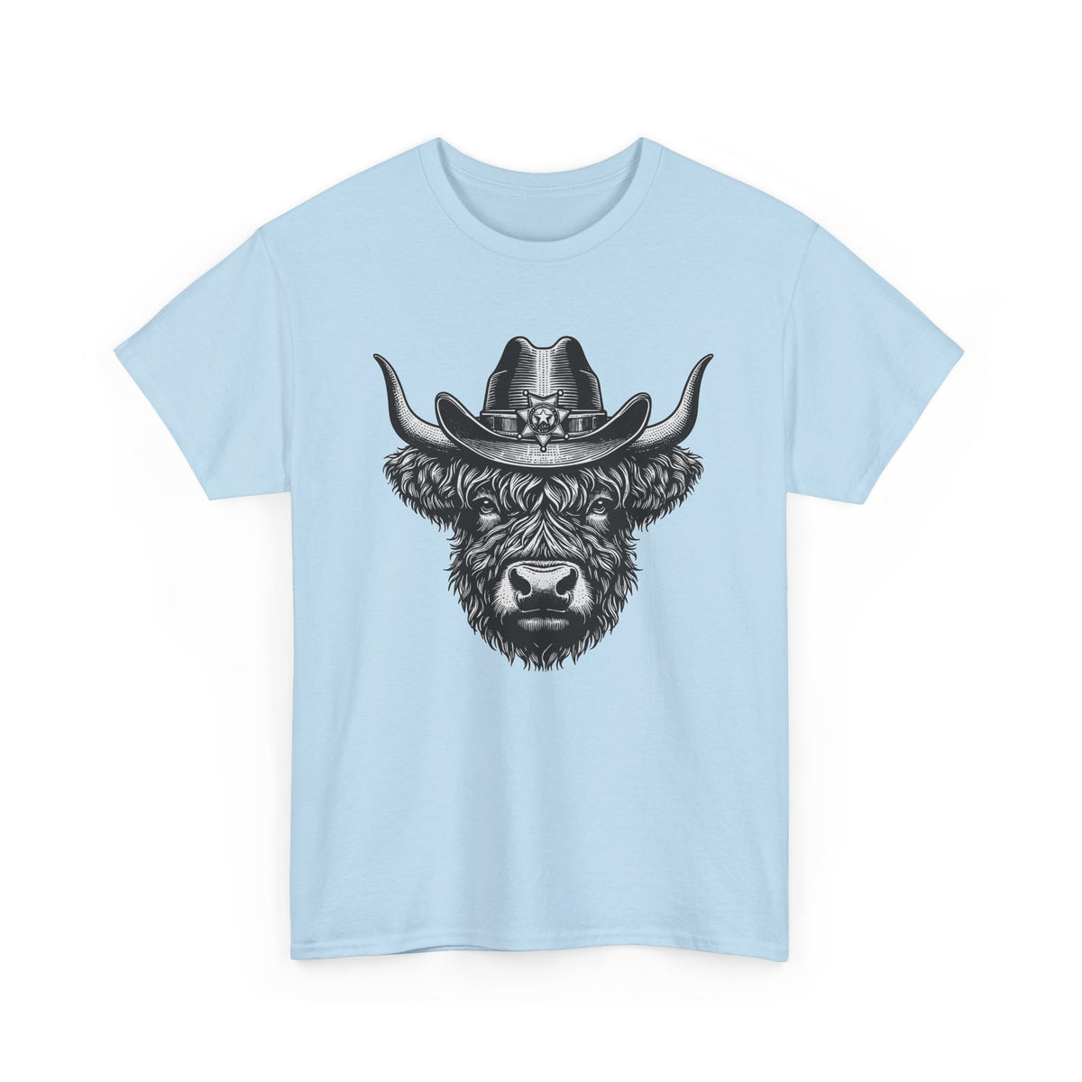 Light Blue Highland cow cowboy hat t-shirt with vintage engraved cow in a sheriff hat, front view