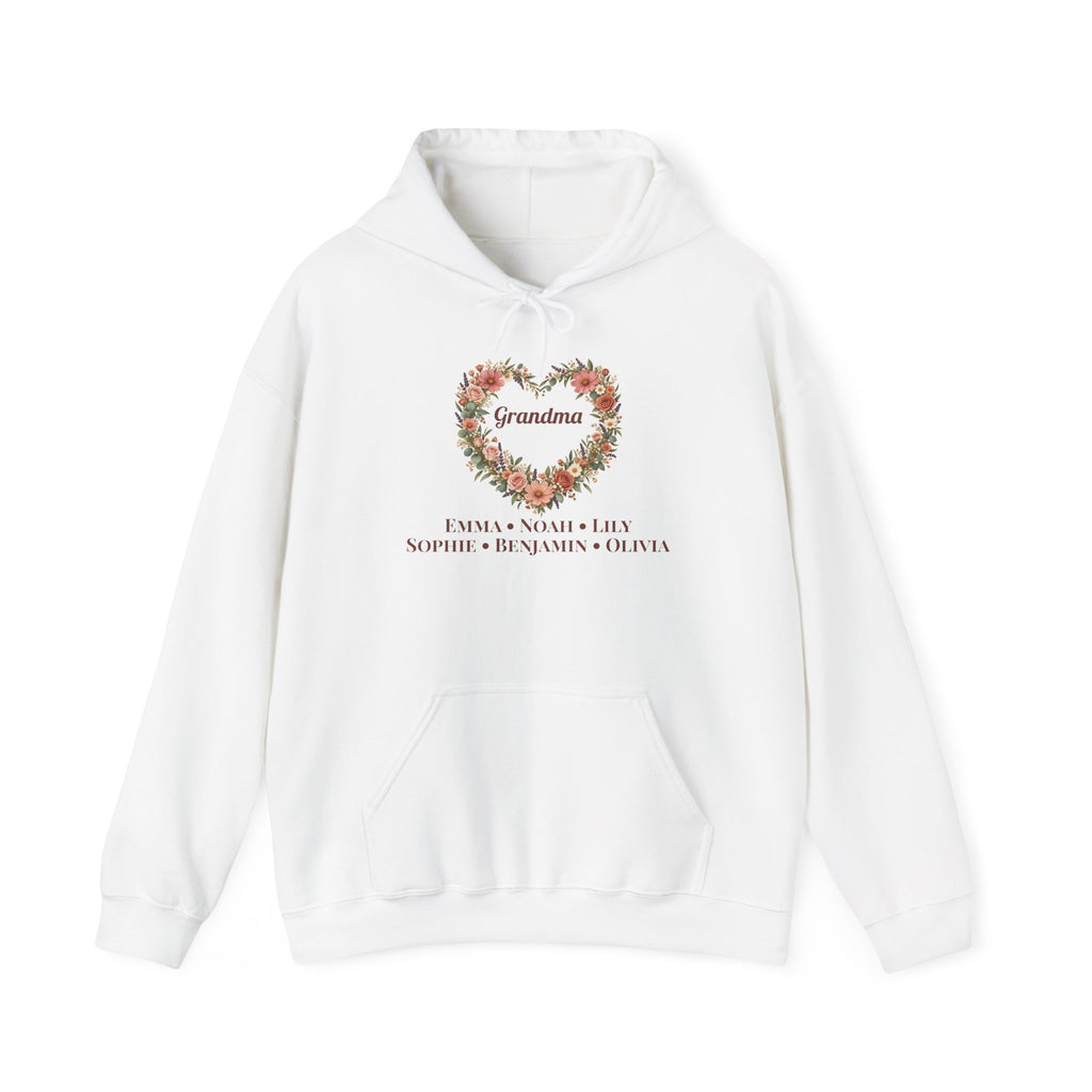 White Personalized Grandma Hoodie With Grandkids Names, a wildflower heart with Grandma and the grandkids' names, front view