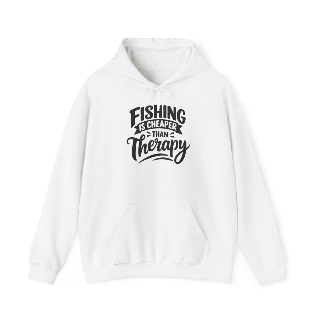 White Fishing Is Cheaper Than Therapy Hoodie with bold Fishing Is Cheaper Than Therapy lettering, front view