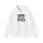 White Fishing Is Cheaper Than Therapy Hoodie with bold Fishing Is Cheaper Than Therapy lettering, front view