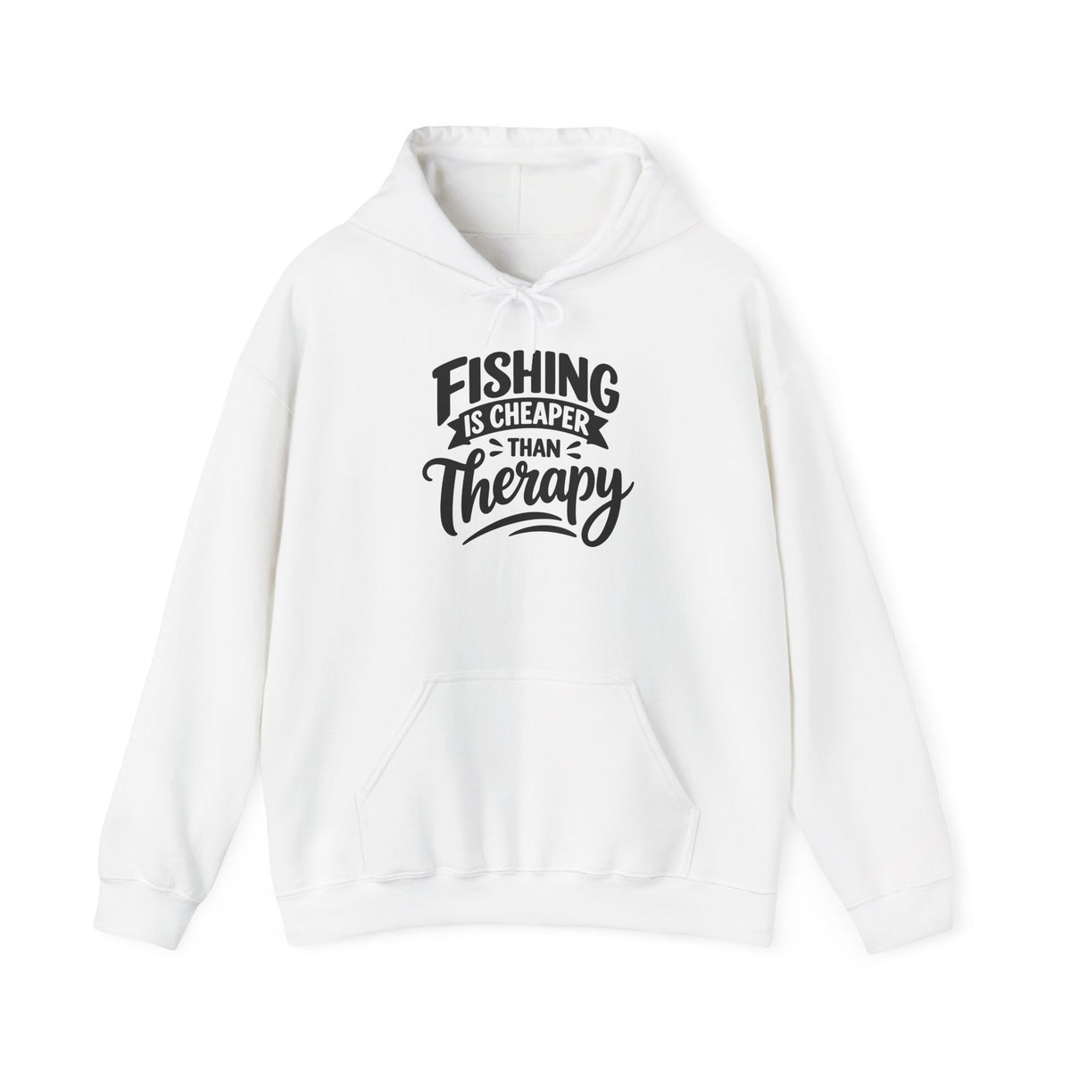 White Fishing Is Cheaper Than Therapy Hoodie with bold Fishing Is Cheaper Than Therapy lettering, front view