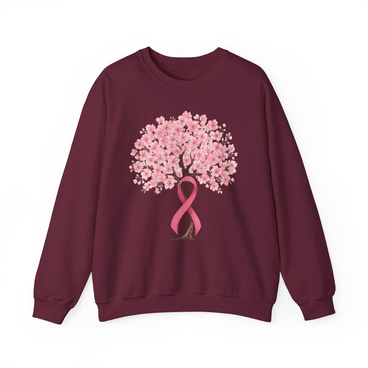 Maroon cherry blossom tree sweatshirt with pink ribbon trunk, front view