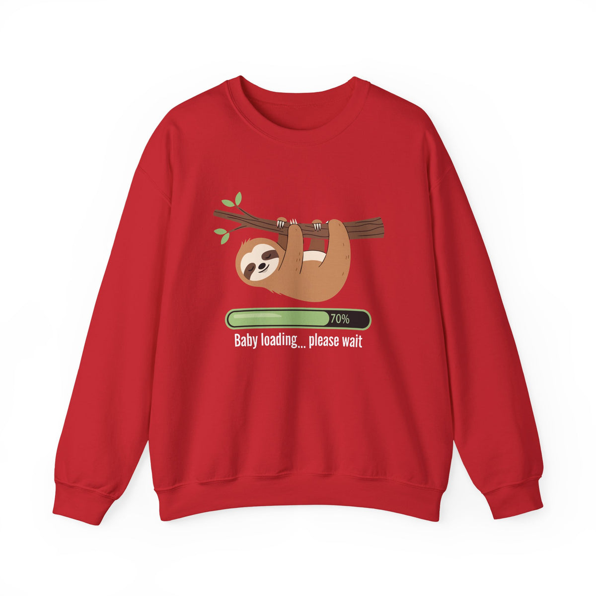 Red Baby Loading Please Wait sloth sweatshirt, front view